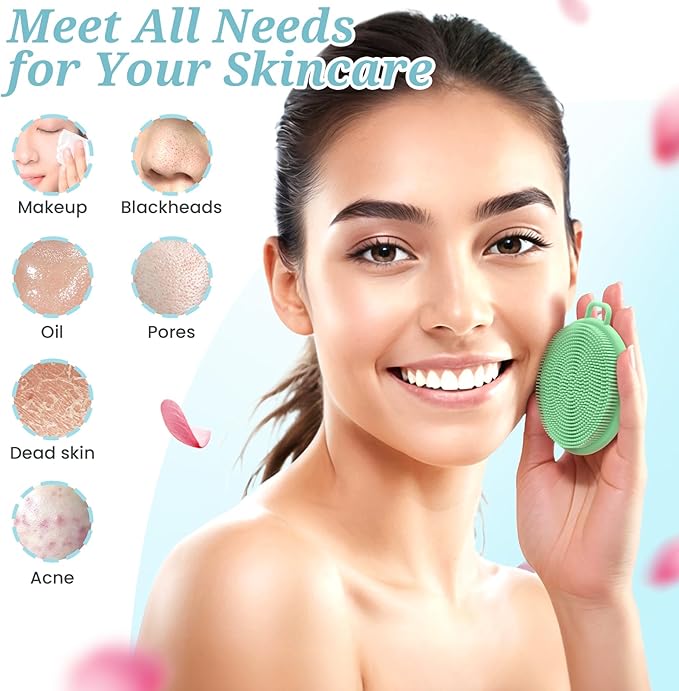 Silicone Back/Body/Face Scrubber & Soft Bath Glove Set 4PCS, Gentle Exfoliating Back & Body Scrubber with Dual-Side Brush Head, Hand-fit Bath Glove & Face Scrubber for Deep Cleaning(Green-4PC)