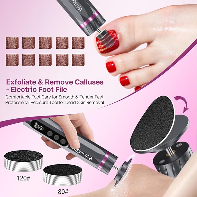 Professional Electric Foot Callus Remover, 9-Speed Cordless Foot File with Reusable Nano Glass Heads & Sandpaper for Dead Skin Removal and Smooth Feet