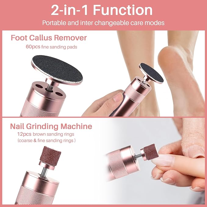 Electric Foot Callus Remover, 2-in-1 Electric Foot Filer/Nail Filer, Callus Remover for Feet with 60Pcs+12Pcs Sandpaper Discs，Holiday Gift Foot Repair Tool, Champagne Gold