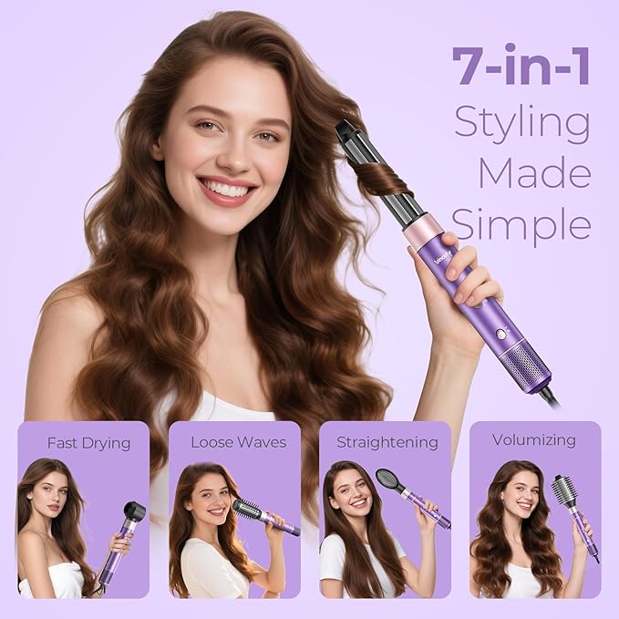 7 in 1 Blow Dryer Brush Set – Hot Air Styler for Fast Drying, Curling, Straightening & Volumizing – Ionic Hair Dryer Brush with 1500W Power – No Heat Damage for All Hair Types – Lilac