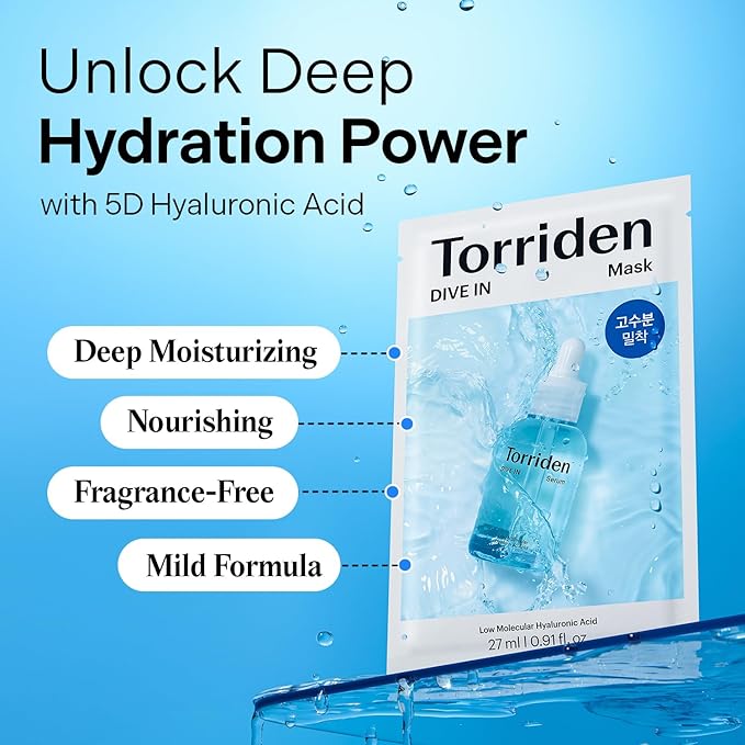 Torriden DIVE IN Hyaluronic Acid Facial Mask (10 sheets) | Deep Hydration Korean Face Sheet Mask | Panthenol & Allantoin | Great Holiday & Christmas Gift Stocking Stuffer