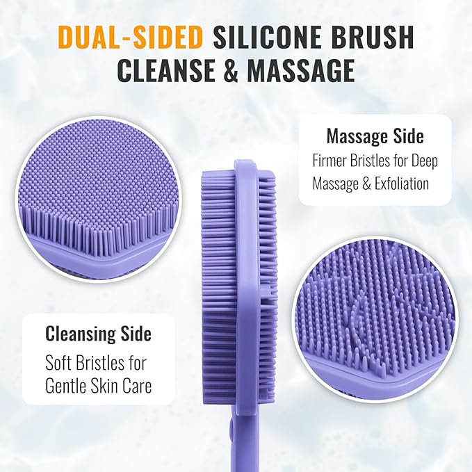 Silicone Back Scrubber for Shower – 21in Extendable Shower Brush with Long Handle – Dual-Sided Back Brush with Non-Slip Grip, Gentle Cleansing & Exfoliation for Men, Women, Elderly (Purple)
