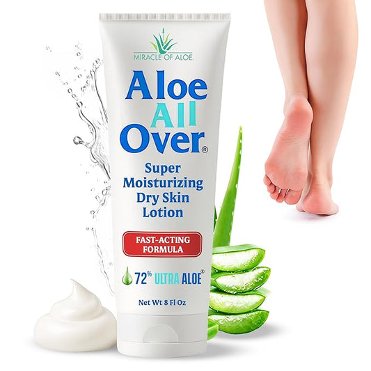 Miracle of Aloe Aloe All Over Super Moisturizing Dry Skin Lotion 8 oz - Made with 72% UltraAloe Aloe Vera Gel. Safe for Everyone: Men, Women, Children, Kids. Restores Dry Skin Fast