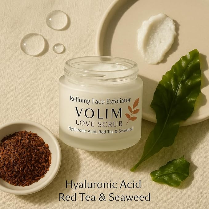 Volim Love Scrub with Hyaluronic Acid Natural Face Exfoliator for Wrinkles, Acne, Fine Lines, Blackheads & Clogged Pores