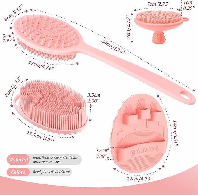 Silicone Back/Body/Face Scrubber & Soft Bath Glove Set 4PCS, Gentle Exfoliating Back & Body Scrubber with Dual-Side Brush Head, Hand-fit Bath Glove & Face Scrubber for Deep Cleaning(Pink-4PC)