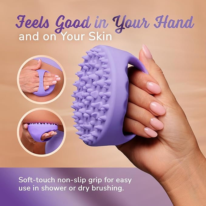Anti-Cellulite Silicone Massager Brush - Deep Tissue Body Scrubber for Cellulite Remover, Skin Firming & Lymphatic Drainage - Exfoliating Massage Tool with Grip Handle for Legs & Body - Purple