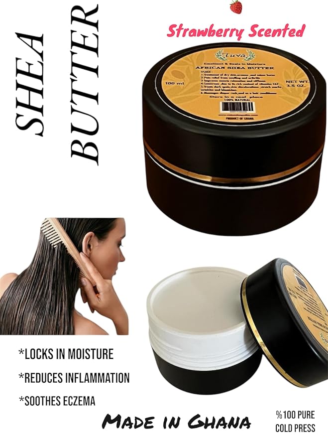 Raw African Shea Butter 100% Natural, Strawberry Scented, Unrefined & Fresh Moisturizer, Ideal for Dry Skin, Soothing & Restorative for Body & Face, Helps with Eczema, 35 oz