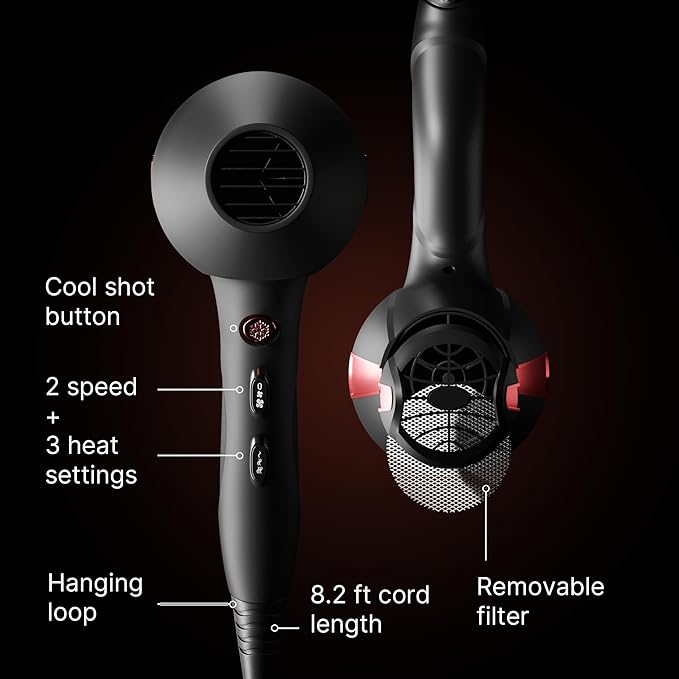 TREZORO Professional Blow Dryer for Women – Ionic Hair Dryer 2000W for Salon & Personal Use – Powerful, Fast & Quiet Drying for Curly Hair, Unwanted Frizz – Design for Travel – 8.2ft Cord – Black