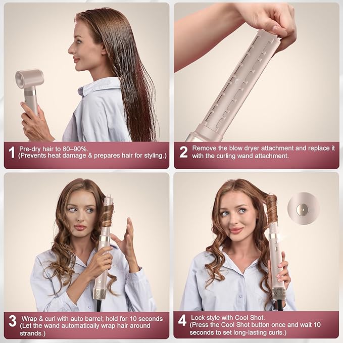 Dual Voltage StyleVibe 6-in-1 Air Styler, Hair Dryer & Blow Dryer Brush with Travel Case - Auto Wrap Curls (L/R), Fast Drying, Thermal Brush for Blowouts & Frizz-Free Volume, No Heat Damage