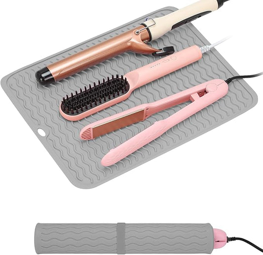 Oversize Silicone Heat Resistant Mat for Curling Irons, Hair Straighteners, Flat Irons and Hot Hair Styling Tools, Portable Wrap Pad Cover for Vanity, Travel, Salon(14.2" x 11.0")