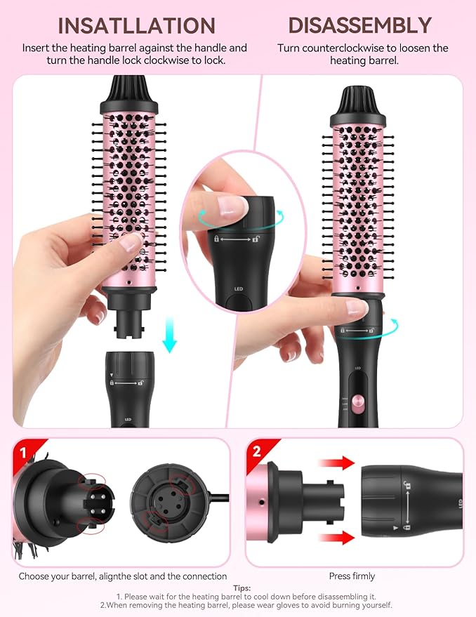 LANDOT Heated Round Thermal Brush: 1-1/2 inch Curling Brush for Blowout Volumizing Look - Dual Voltage Ceramic Curling Iron Wand with Detachable Head Travel-Friendly