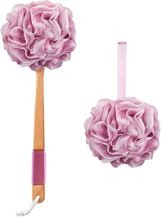 AmazerBath Shower Sponge Loofah Back Scrubber, PE Soft Mesh Loofah Body Scrubber with Long Wooden Handle, Bath Sponge for Men Women (Pink)