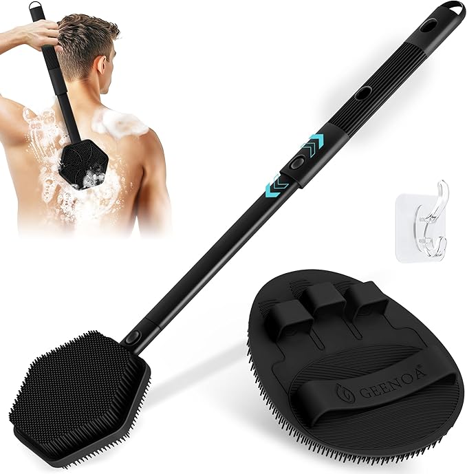 Silicone Back Scrubber & Soft Bath Glove 2PCS, 16''- 21''Extendable Back Scrubber with Dual-Side Large Head, 360° Anti-Slip Hand-fit Silicone Body Scrubber for Rich Foaming Deep Cleaning(Black)