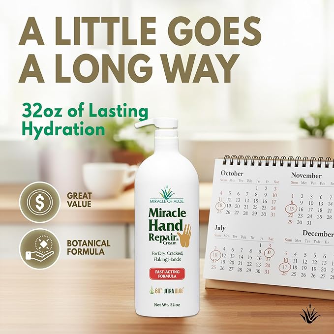 Miracle Hand Repair Cream for Dry Cracked Hands 32 oz Best Healing Hand Cream with 60% Aloe Vera - Non-Greasy Moisturizer for Working Hands - Fast Absorbing Lotion for Extremely Dry Skin