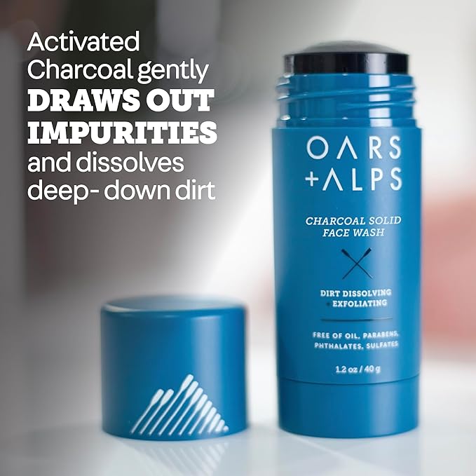 Oars + Alps Exfoliating Face Wash Stick, 2-in-1 Facial Cleanser & Face Exfoliant with Activated Charcoal, Alpine Moss, Dermatologist Tested, Spill Free, Travel Size, 1.2 Oz