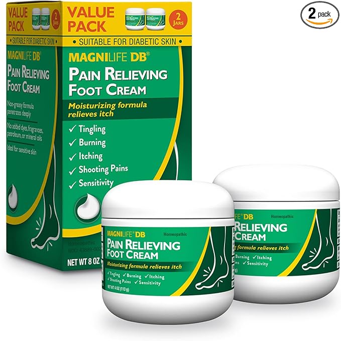 MagniLife DB Pain Relieving Foot Cream, Calming Relief for Burning, Tingling, Shooting & Stabbing Foot Pain, Moisturizing Foot Cream Suitable for Diabetic and Sensitive Skin - 2 Packs of 4 oz Jars