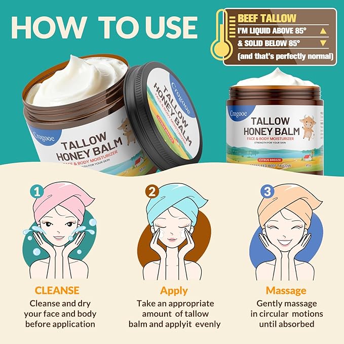 Beef Tallow for Skin - 100% Grass Fed - Whipped Tallow and Honey Balm，Moisturizer Cream for Face & Body -Natural Organic Formula for Dry & Sensitive Skin (Citrus Breeze) (2 oz)