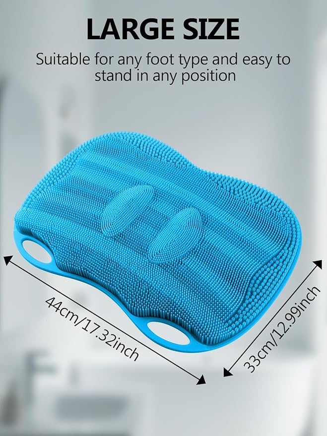 Kalolary Silicone Shower Foot Scrubber Mat, Large Foot Scrubber in Shower with Non Slip Suction Cups Foot Cleaner Brush to Clean Exfoliate and Massage Feet Without Bending Over Easy to Clean (Blue)