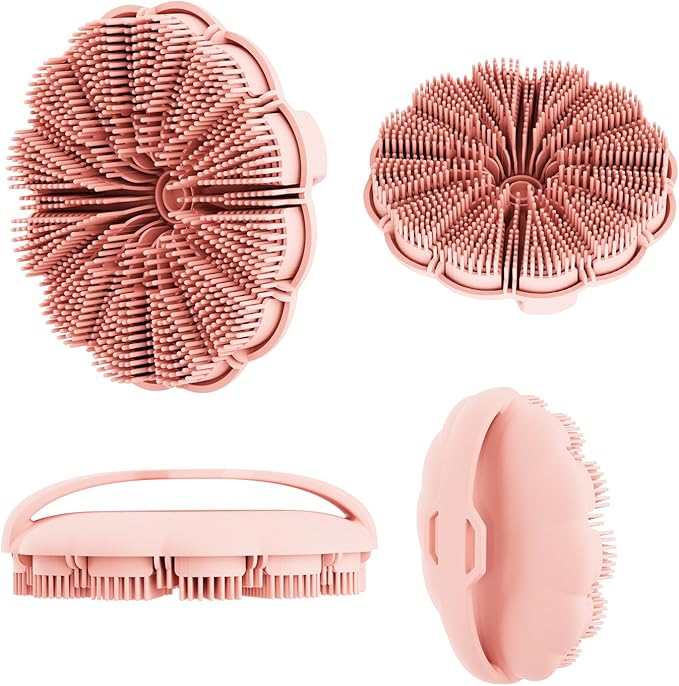 Silicone Body Scrubber Shower Brush, Exfoliating Body Wash Scrubbers for All Skin Types, Ergonomic No-Slip Handle, Body Brush for Showering (Pink)