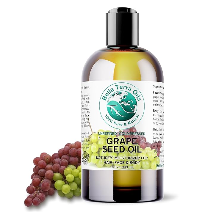 Bella Terra Oils - Organic Grape Seed Oil 16 oz - Celebrate the Essence of Cold-Pressed Organic Grapes, Rich in Vitamin D & Beta-carotene, The Ultimate Skin Nourishing Experience
