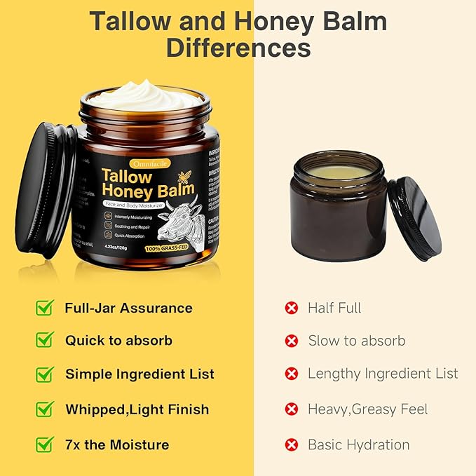 Beef Tallow Honey Balm for Skin,Face,Body - Handmade Whipped Cream Face Moisturizer with 100% Narural Organic Grass-Fed Beef Tallow & Raw Honey - Balm For Dry, Sensitive Skin - Unscented,4.23OZ
