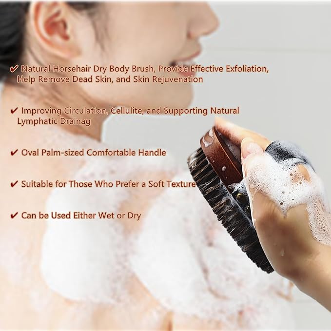 Dry Brushing Body Brush, Exfoliating Body Scrubber Natural Horsehair Bath Brushes Wooden Handle for Shower, Skin Exfoliation, Cellulite and Lymphatic Improvement Gift
