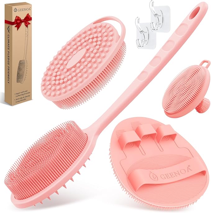 Silicone Back/Body/Face Scrubber & Soft Bath Glove Set 4PCS, Gentle Exfoliating Back & Body Scrubber with Dual-Side Brush Head, Hand-fit Bath Glove & Face Scrubber for Deep Cleaning(Pink-4PC)
