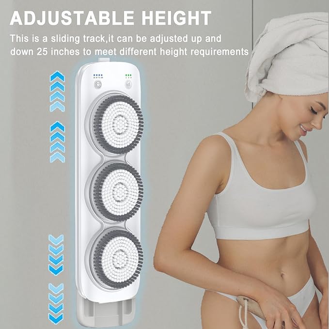Electric Back Scrubber for Shower, Wall Mounted Electric Shower Back Scrubber, Dry Brushing Body Brush for Bathing, Cleansing, Exfoliating and Massaing, with 3 Spin Skin Bath Brush Heads