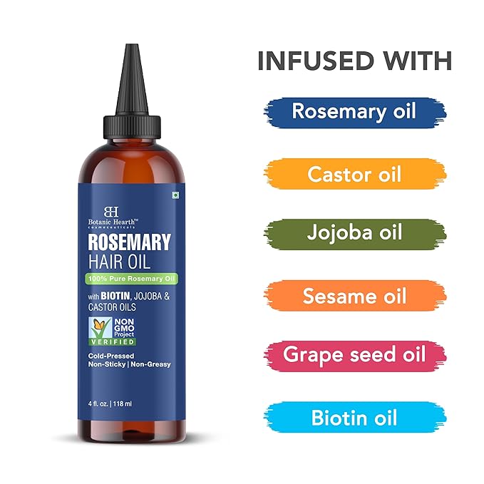 Botanic Hearth 100% Pure Rosemary Oil For Hair Growth | Infused with Biotin, Jojoba & Castor Oil |Hair Oil Repairs Dry Damaged Hair, Strengthening, Healthier - Hair Tonic, 4 fl oz