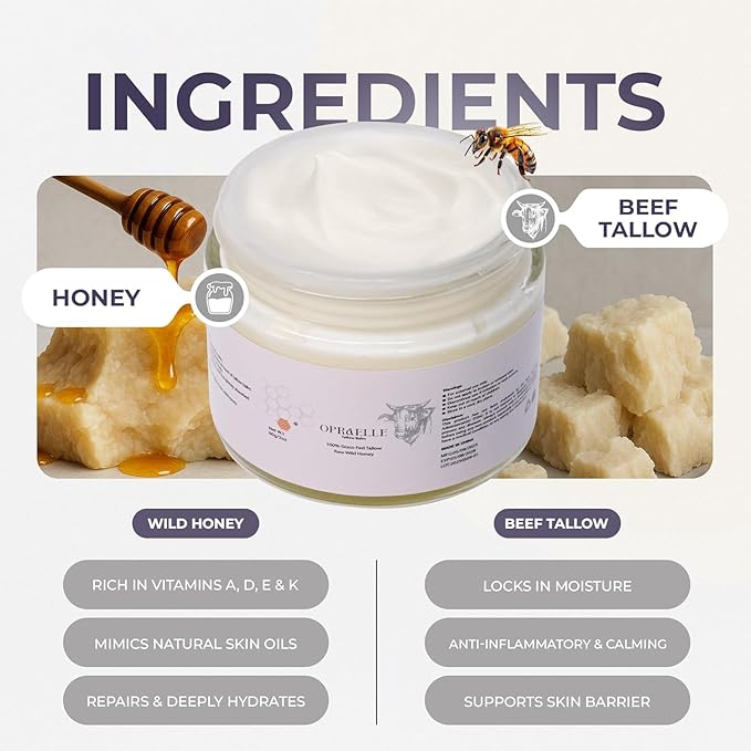 Beef Tallow Moisturizer for Face & Body – Tallow & Honey Balm for Deep Hydration – 100% Natural Skin Cream for Dry, Sensitive & All Skin Types, Nourishing Moisturizing Balm – 2oz + Applicator