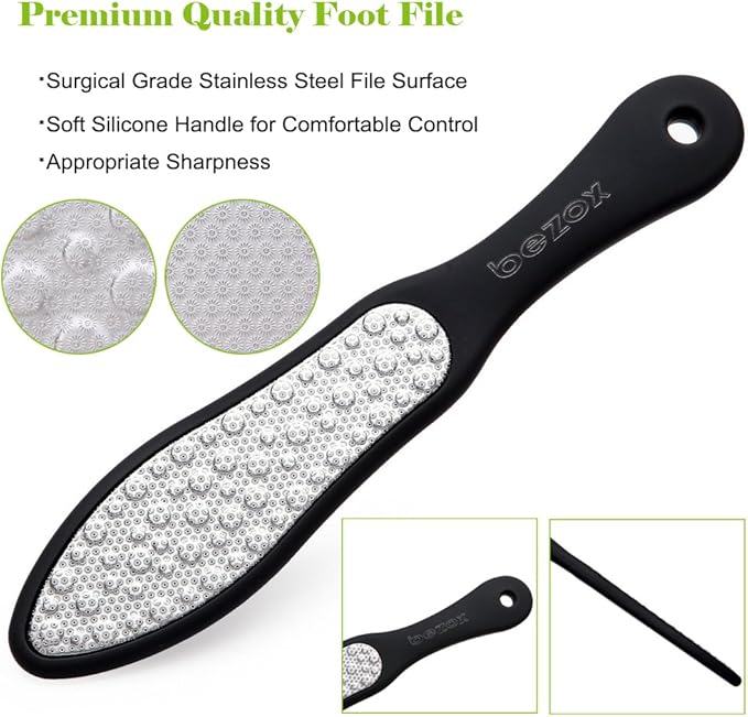 BEZOX Foot File (1 PCS), Double Sided Foot Scraper Callus Remover, Foot Rasp for Cracked Heel and Foot Corn Removal, Stainless Steel Pedicure File W/Cloth Storage Bag