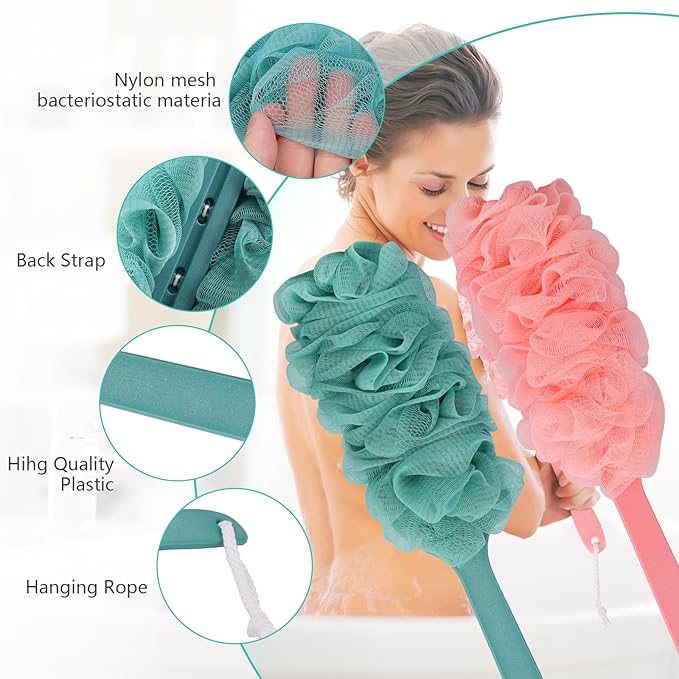2Pack Back Scrubber for Shower Loofah with Long Handle, Shower Brush for Body, 17″ Loofah on a Stick for Men Women Bathing Accessories, Scrubber Sponge for Exfoliating Bath Brushes (Pink & Green)