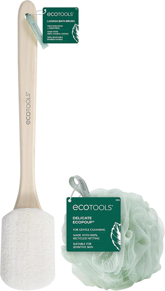 EcoTools Loofah Bath Brush with Long, Ergonomic Bamboo Handle + Green Delicate EcoPouf Made with Recycled Netting for Cleansing & Exfoliating Sensitive Skin, Self-Care Gifts