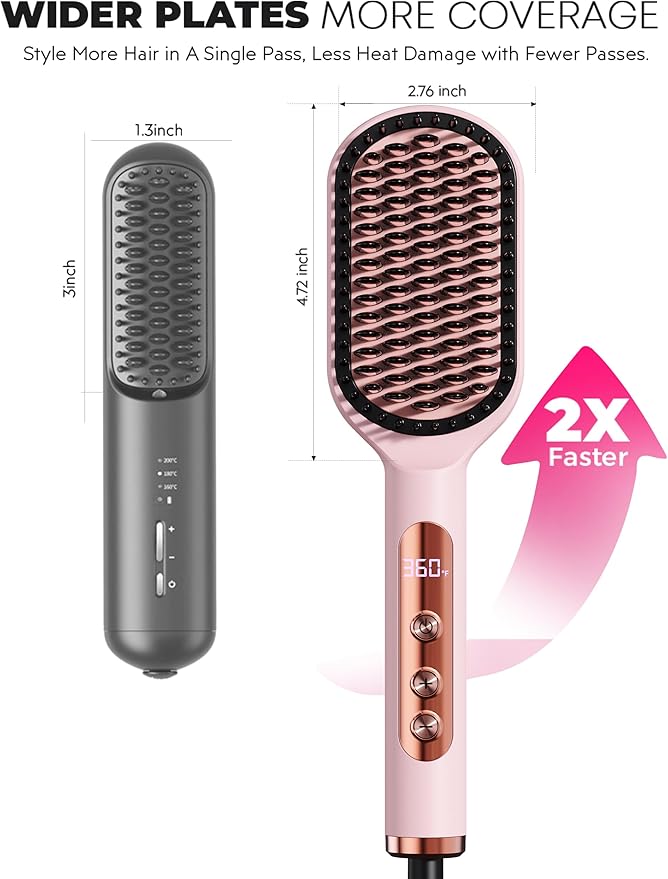 LANVIER Hair Straightener Brush, Ionic Straightening Brush with Infrared, Heated Straightening Comb with Negative Ions, Dense Bristles, 32 Temps, Dual Voltage, Flat Iron Comb for All Hair Type