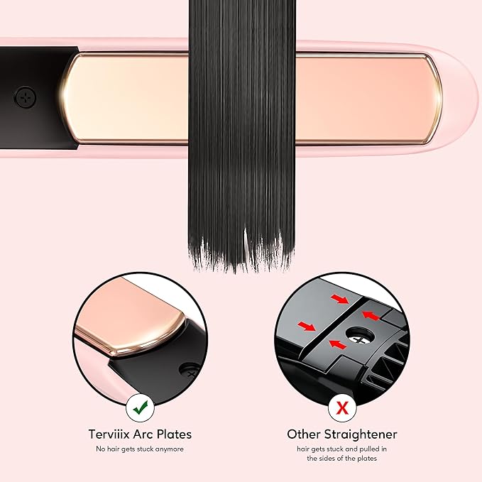 Terviiix Titanium Flat Iron Hair Straightener and Curler 2 in 1, ARC Non-Snagging Straightening Iron for One Swipe, 15s Ultra Fast Heating, 100-240V Dual Voltage, Auto Off, 1 inch Pink