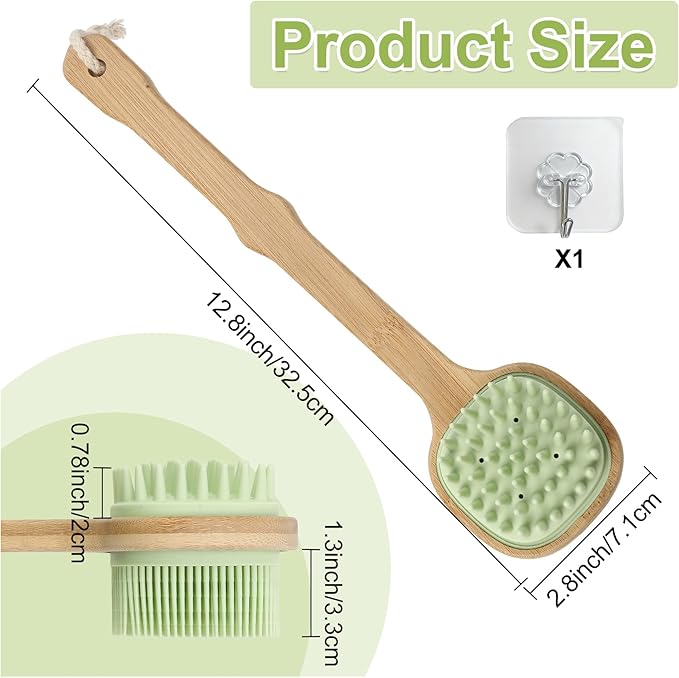 Silicone Back Scrubber for Shower, Silicone Bath Body Brush Loofah with Long Handle, Dual-Sided Shower Brush for Body, Green Exfoliating Body Scrubber for Men Women, Back Washer for Men with Hook