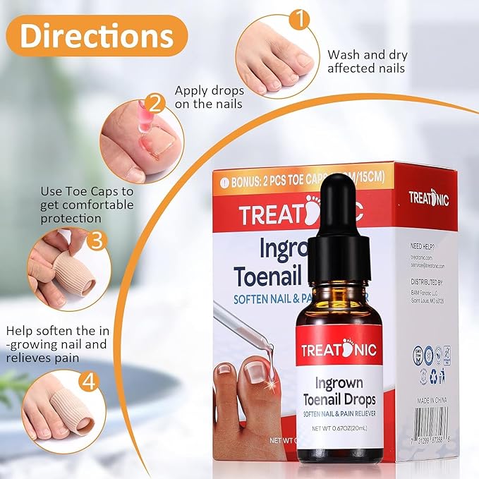 Treatonic Ingrown Toenail Treatment Drops - Ingrown Toenail Softener and Reliever Kit for Easy Trimming with Silicone Gel Toe Caps - 2 Pack