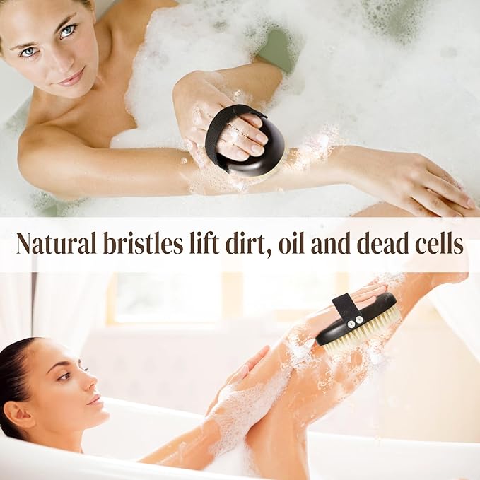 Dry Brushing Body Brush for Lymphatic Drainage, Azymi Shower Bath Brush 100% Natural Thick Bristles Exfoliate Dead Skin, Detoxify, Improve Blood Circulation, Dry & Wet Brush Dual-Use 1-Pack Oval