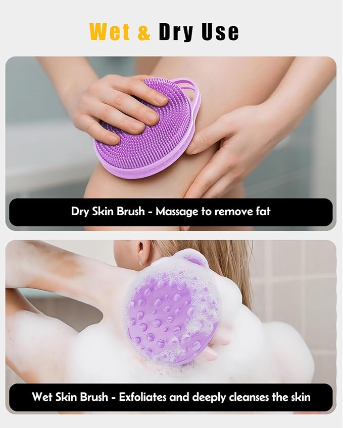 2 in 1 Silicone Body Scrubber, Anti Cellulite Massage Scrubber, Exfoliating Shower Brush for Men & Women, Removes Dead Skin, Reduces Cellulite, Improves Circulation, Fast Dry, Non Slip (1PC, Lavender)