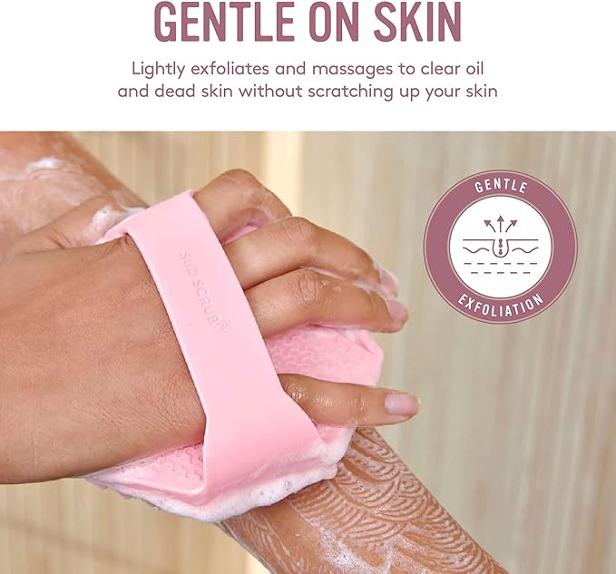 Sud Scrub® Antimicrobial Silicone Body Scrubber, Exfoliating Body Scrubber for Sensitive Skin, Eco Friendly Shower Scrubber for Body, Silicone Body Brush for Showering, Pink