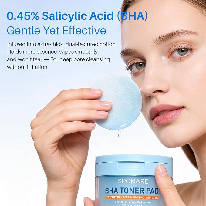 BHA Toner Pads with 0.45% Salicylic Acid – Double-Sided Exfoliating Pads for Pores, Oil Control & Blackheads, Gentle Daily Exfoliation & Wet Compress Mask for Teens, 55 Count