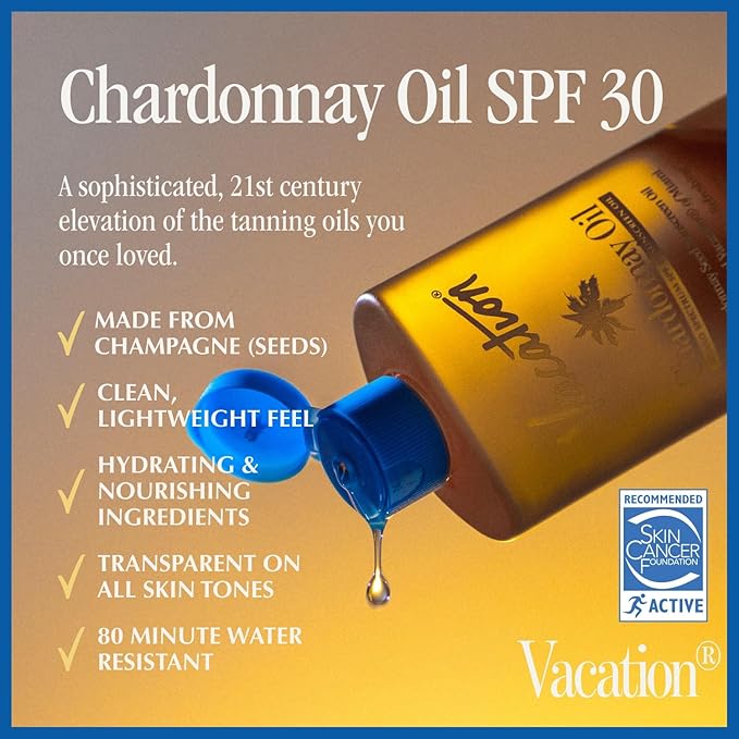 Vacation Chardonnay Oil SPF 30 Duo, Hydrating & Nourishing, Lightweight, Transparent on All Skin Tones, Water-Resistant, Travel Size Sunscreen Two-Pack, 3.4 Fl. Oz. Each