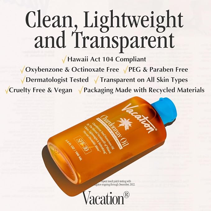 Vacation Chardonnay Oil SPF 30 Duo, Hydrating & Nourishing, Lightweight, Transparent on All Skin Tones, Water-Resistant, Travel Size Sunscreen Two-Pack, 3.4 Fl. Oz. Each