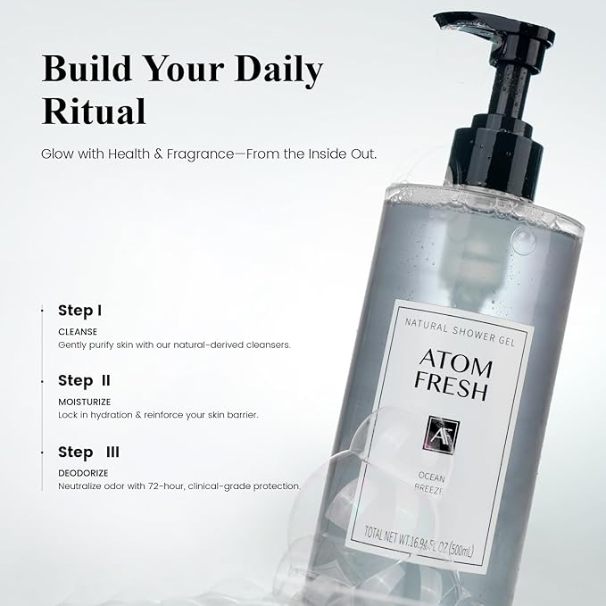 Atom Fresh Antioxidant-Rich Body Wash – Ocean Breeze | Softening Cleanse with Oat Amino Acids, Soapberry & Vitamin E | Plant-Based, Sulfate-Free (16.94 fl oz)