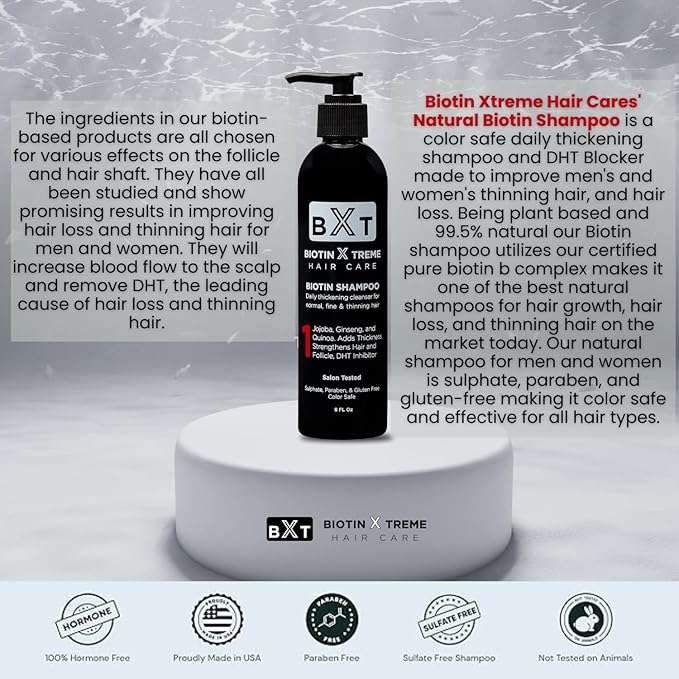 Biotin X Treme Hair Natural Shampoo for Hair Loss & Thinning Hair - Color-Safe, DHT Blocker, Sulfate-Free, Paraben-Free - For Men & Women - Promotes Hair Growth, Strengthens, and Thickens - 8 oz