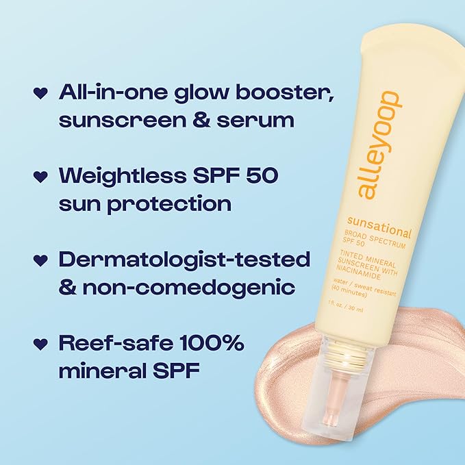 Alleyoop Sunsational Tinted Moisturizer SPF 50 for Face Broad Spectrum – 100% Mineral Face Sunscreen with Jojoba, Hydrating & Soothing Tinted Sunscreen, Vegan & Cruelty-Free (Luster)