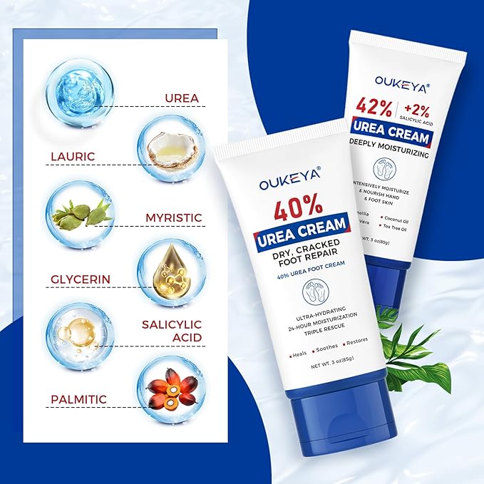 OUKEYA Urea Cream 40 Percent Tube 3 Oz, Foot & Hand Cream for Dry Cracked, 42 per Urea Lotion for Feet Maximum Strength, 85g, 2 Pack