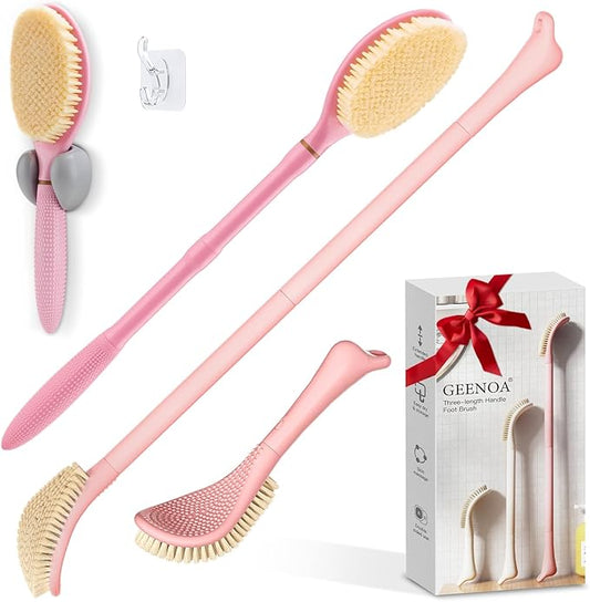 New Foot Brush & Back Scrubber Set 2PCS, 10.2''- 27.5'' Adjustable Foot Scrubber for Shower, 18.9'' Shower Back Scrubber with 3-Length Usage, Great Aid for People with Limited Mobility(Pink)