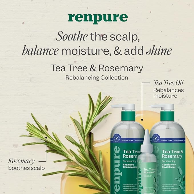 Renpure Tea Tree & Rosemary Shampoo and Conditioner Set, Plant Based - Refreshes & Rebalances Hair and Scalp - For Oily/Normal Hair - Tea Tree Leaf Oil, Rosemary Leaf Extract - 24 Fl Oz each, 2 Pack