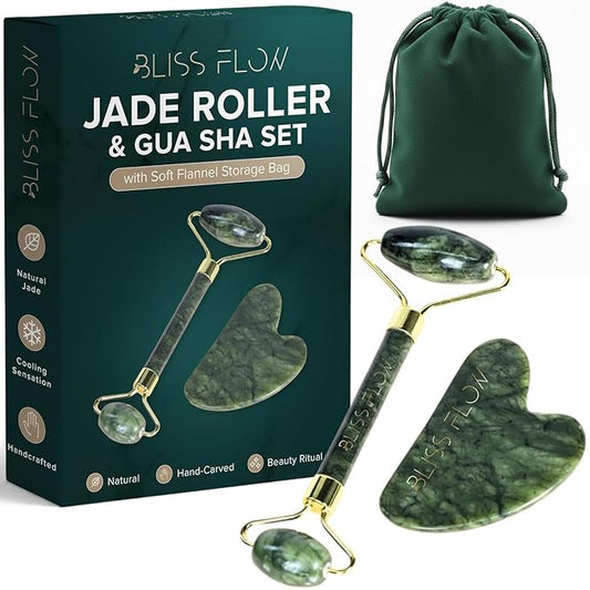 Jade Roller & Gua Sha Set – Natural Jade Face Roller for Puffiness, Wrinkles & Lifting – Cooling Facial Massage Tool for Glowing Skin, Stress Relief & Skincare Absorption